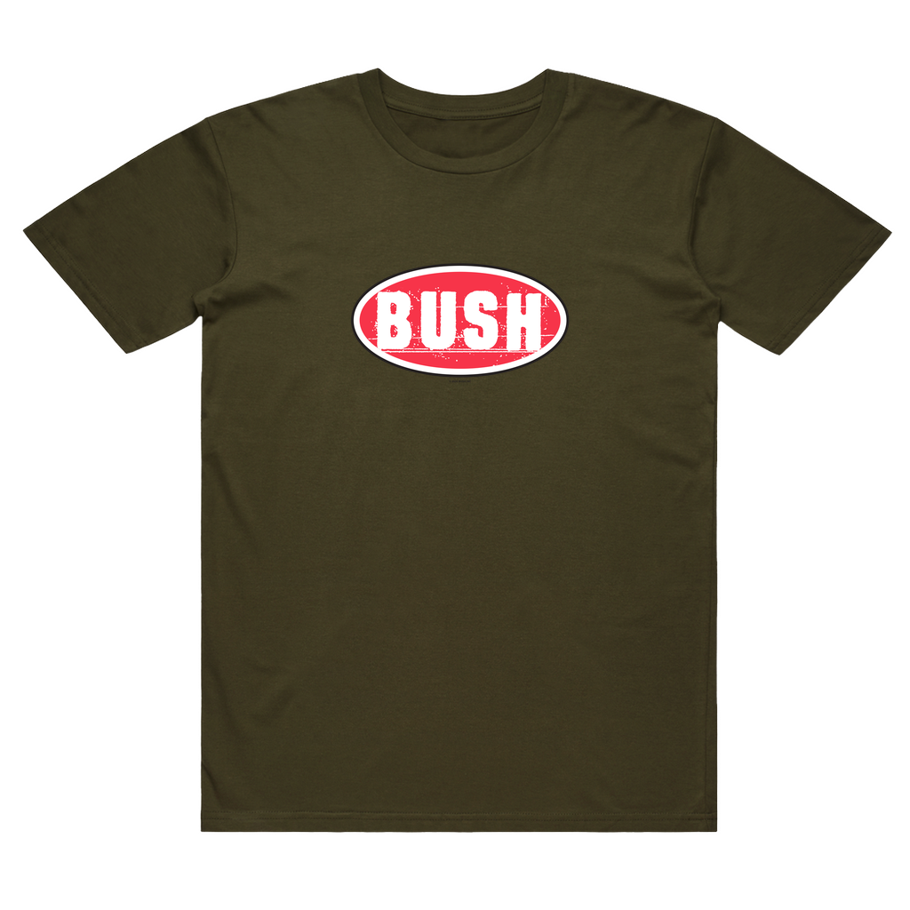A classic olive green cotton tee shirt with a vintage inspired oval Bush logo across the front.