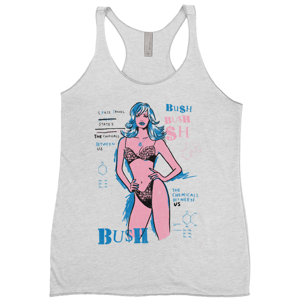 A soft light heather grey tri blend tank top with custom artwork from Bush across the front.