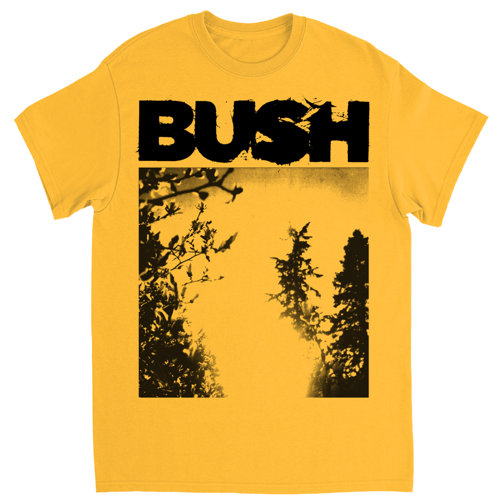 A yellow crew neck t-shirt with the word 'BUSINESS' printed in large black letters, accompanied by a silhouette of trees.