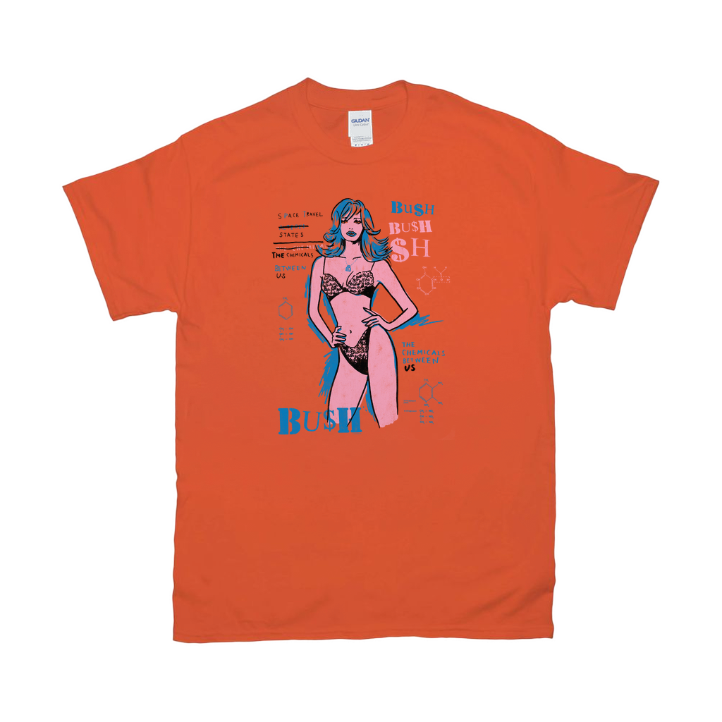 An orange cotton tee shirt with custom Bush artwork across the front.