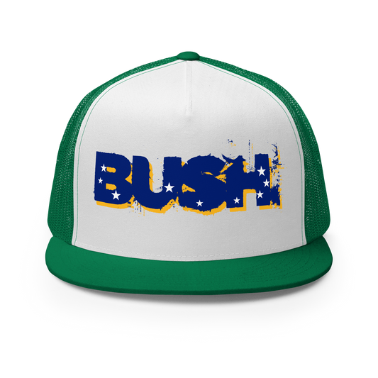 A classic white and green trucker hat with the Bush logo across the front.