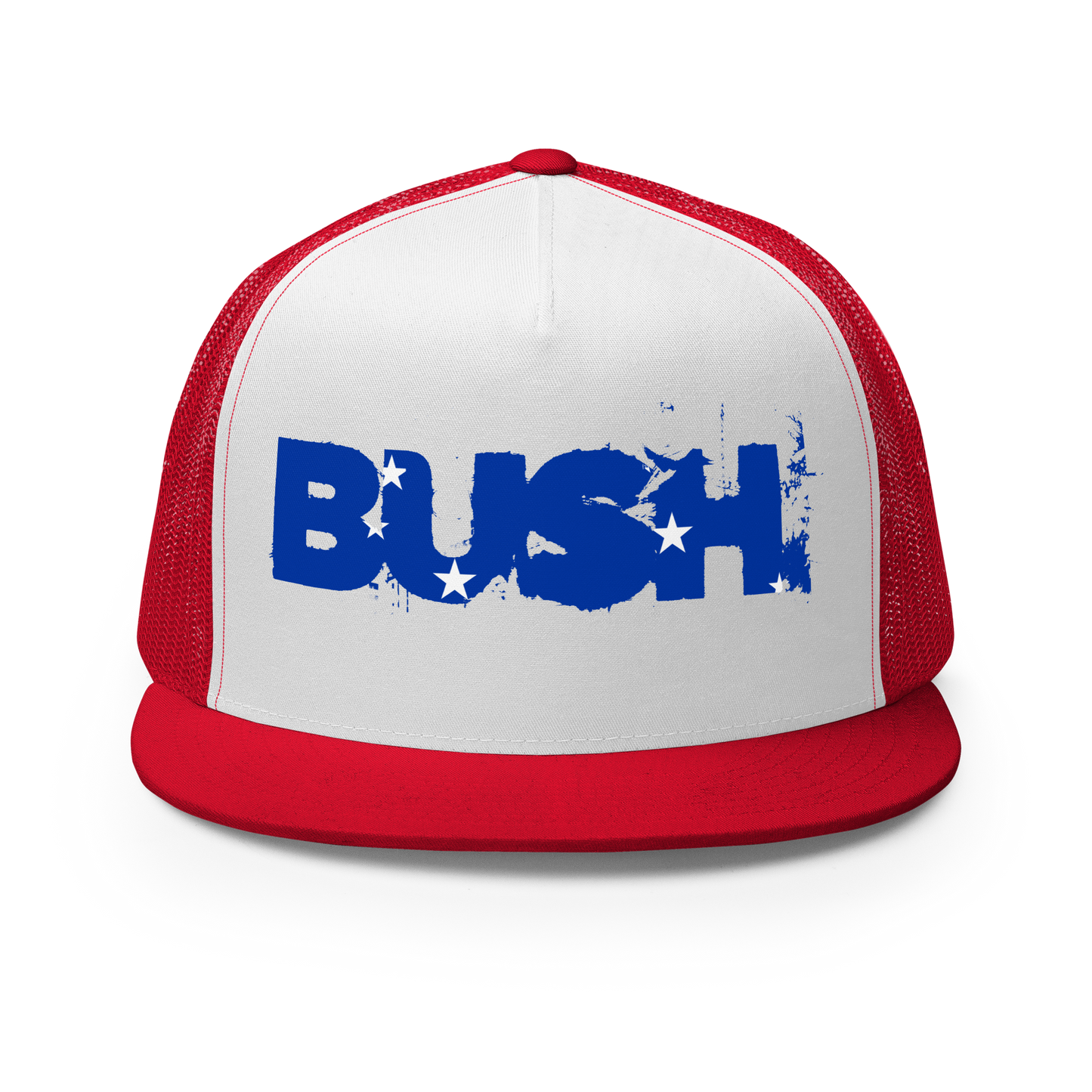 A classic white and red trucker hat with the Bush logo across the front.