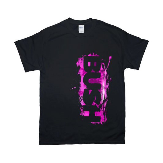 A black cotton t-shirt with a vertical pink logo print that reads 'BUSH'.