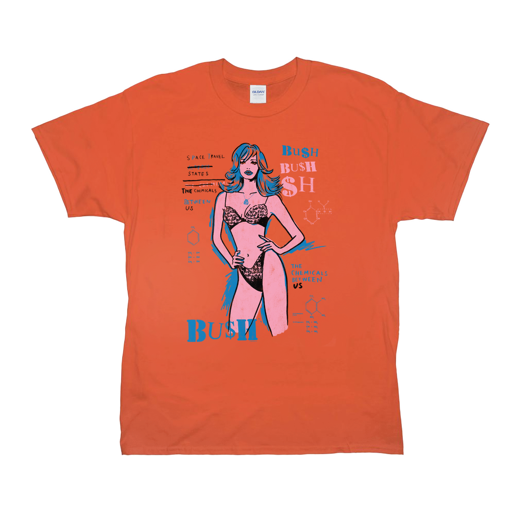 An orange cotton tee shirt with custom Bush artwork across the front.