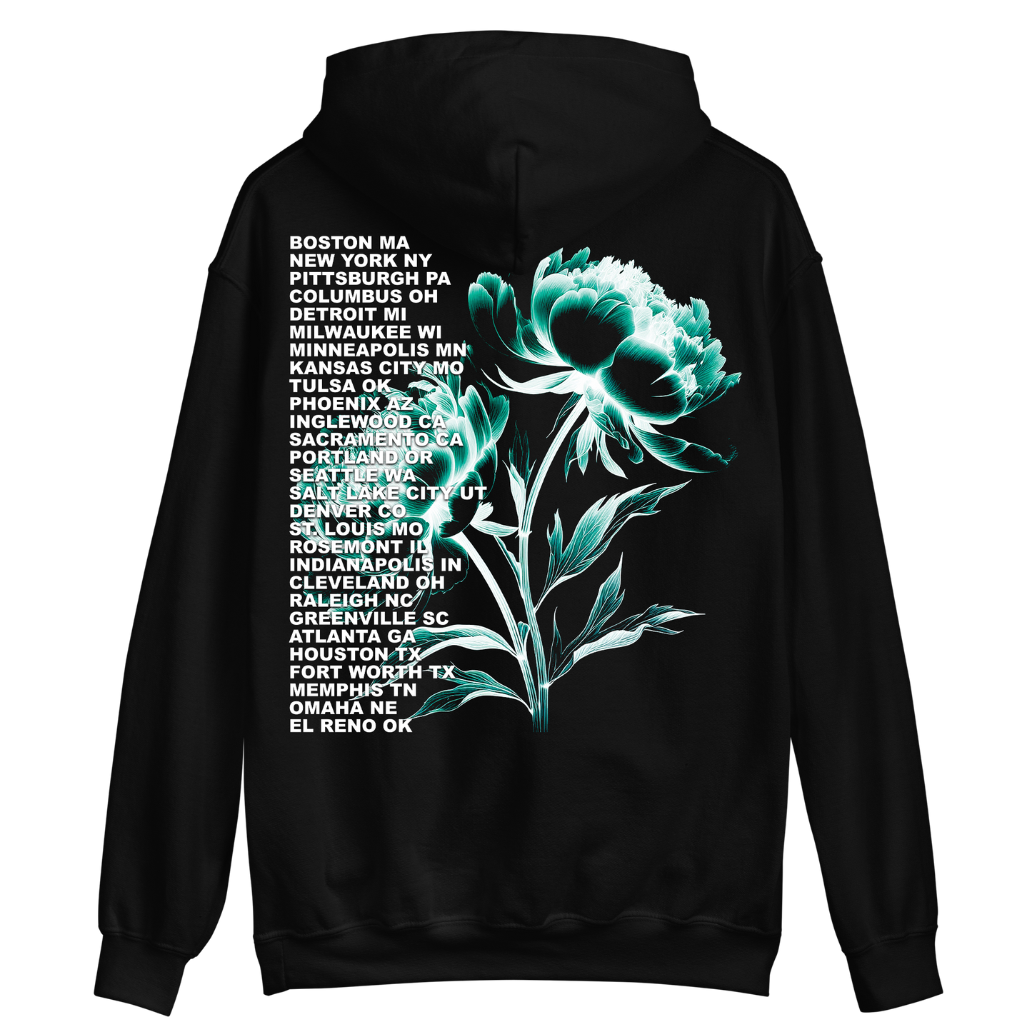 Black hoodie with teal flower design and city names on the back
