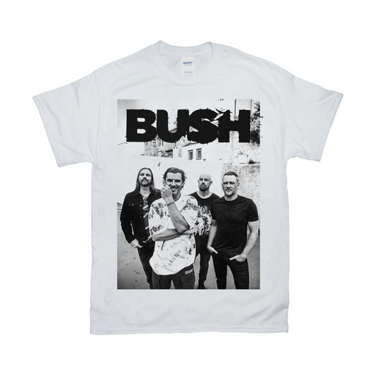 A white cotton tee shirt with a black and white photo of the band on the front, from Bush.