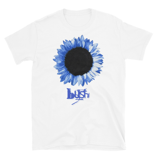 White t-shirt with a blue and black sunflower graphic and 'bush' text on a white background