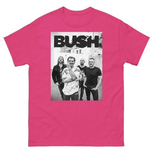 Pink t-shirt with a graphic of a band and 'BUSH' text on a white background