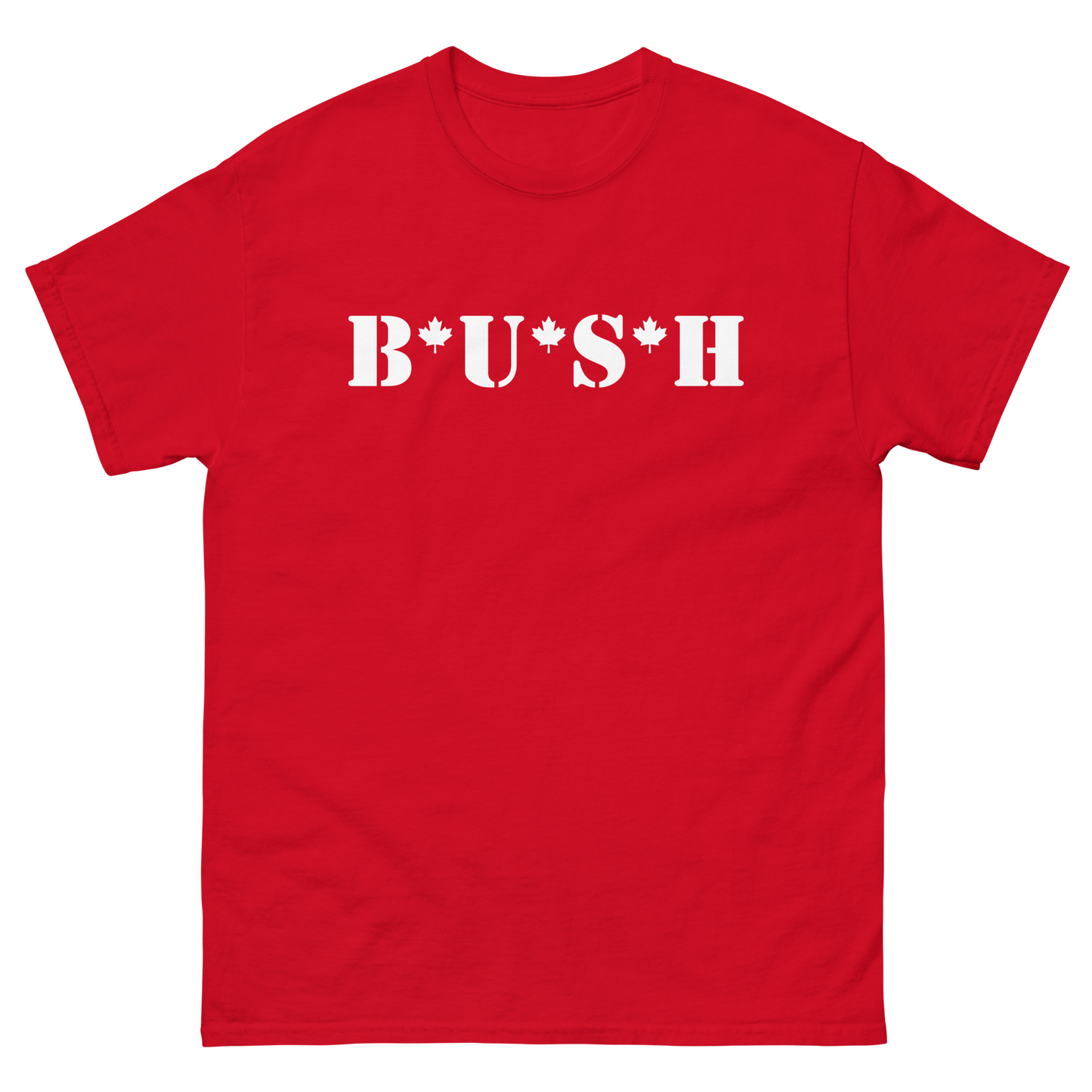 The Bush Canadian Tour Tee features the Bush MASH logo with Canadian maple leafs on a red cotton short sleeve tee.