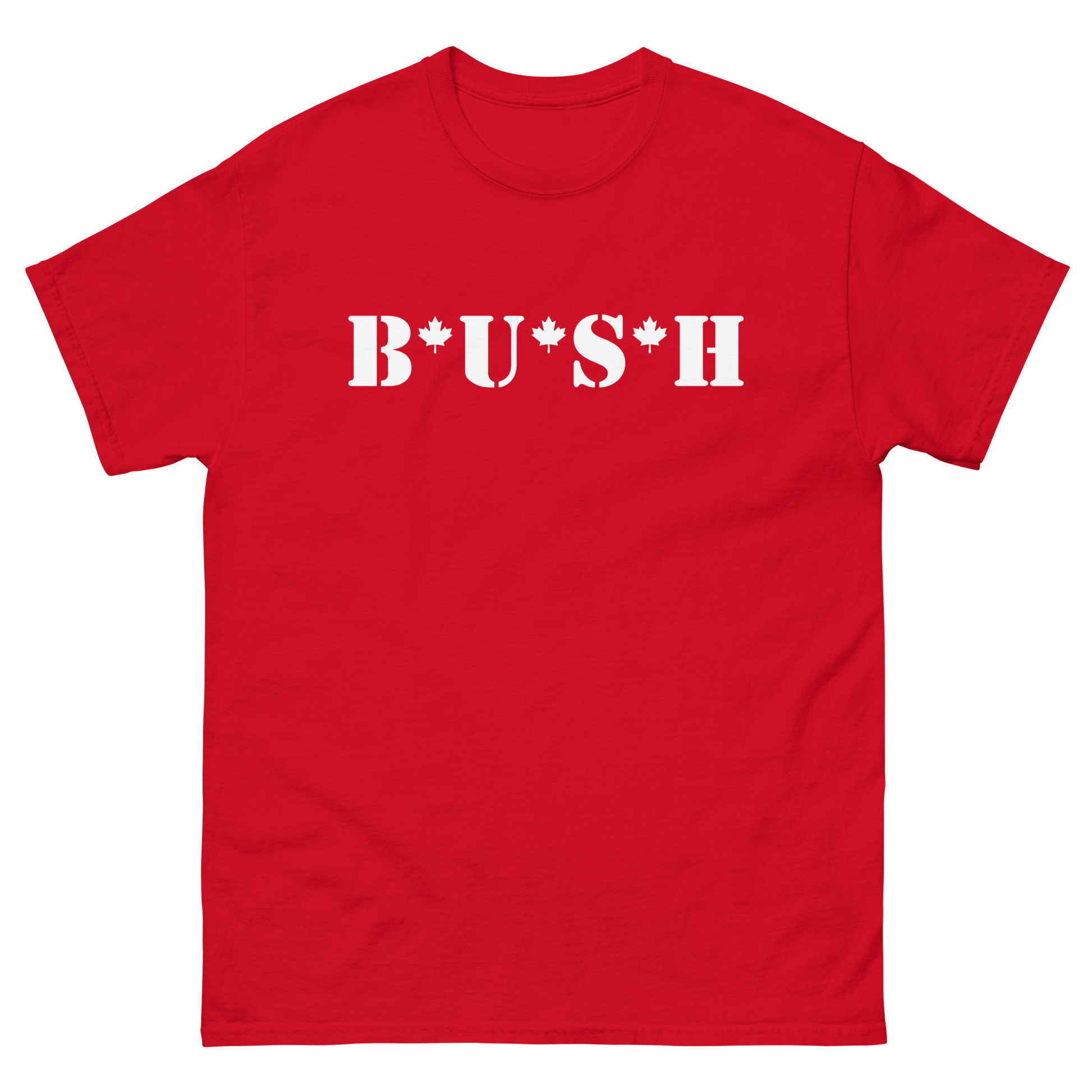 The Bush Canadian Tour Tee features the Bush MASH logo with Canadian maple leafs on a red cotton short sleeve tee.