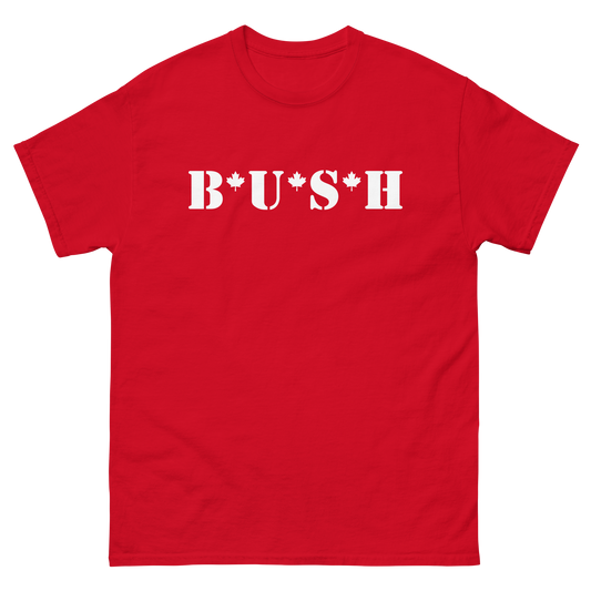 The Bush Canadian Tour Tee features the Bush MASH logo with Canadian maple leafs on a red cotton short sleeve tee.