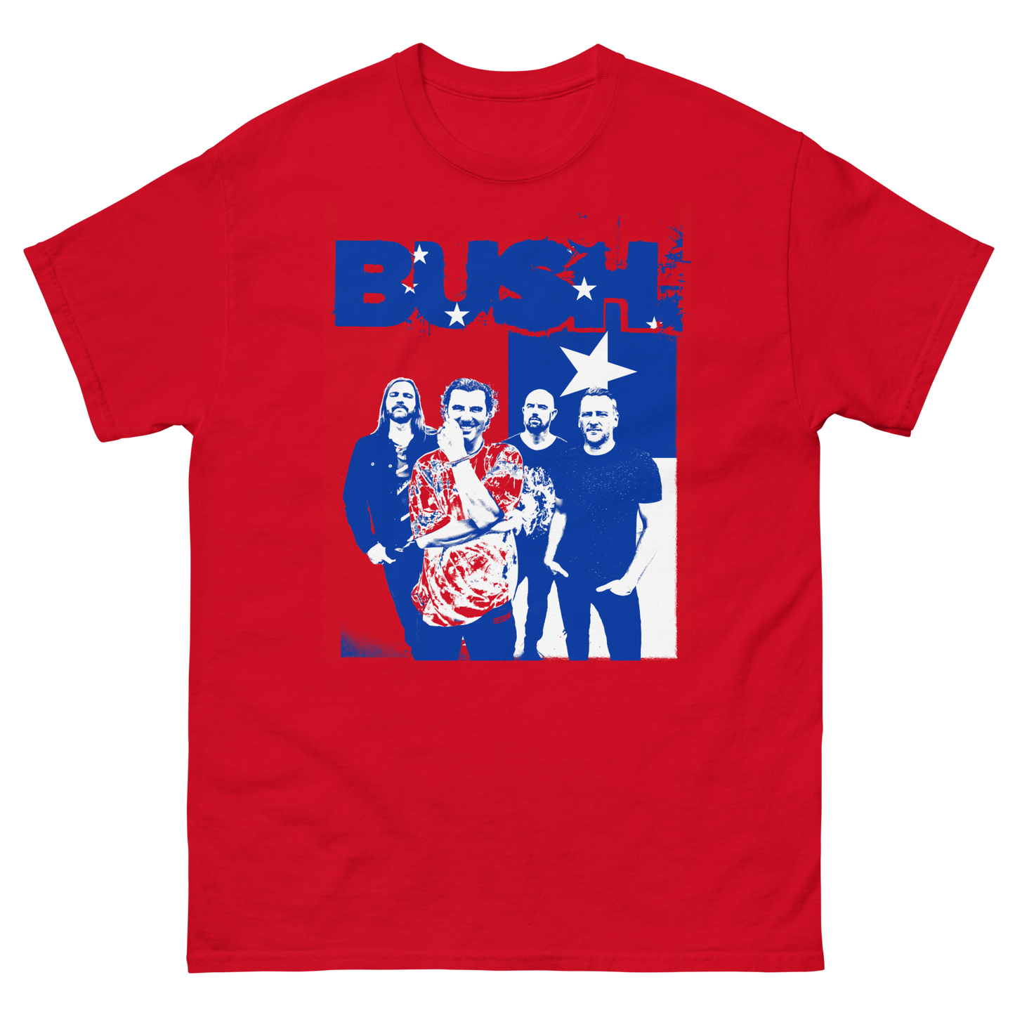The Chile Red Photo Tee features the band Bush on a relaxed red cotton short sleeve tee.