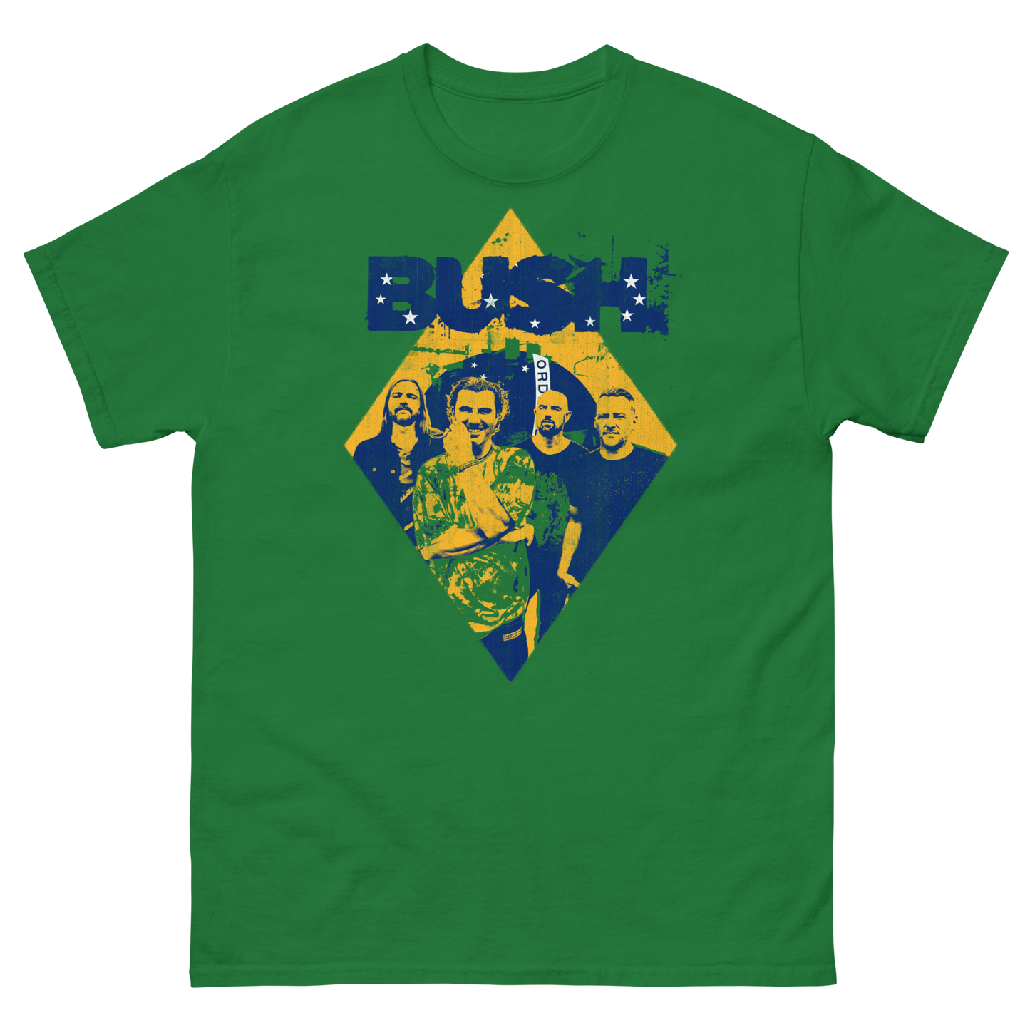 The Brazil Green Photo Tee features the band Bush on a relaxed green cotton short sleeve tee.