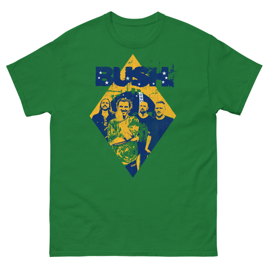 The Brazil Green Photo Tee features the band Bush on a relaxed green cotton short sleeve tee.