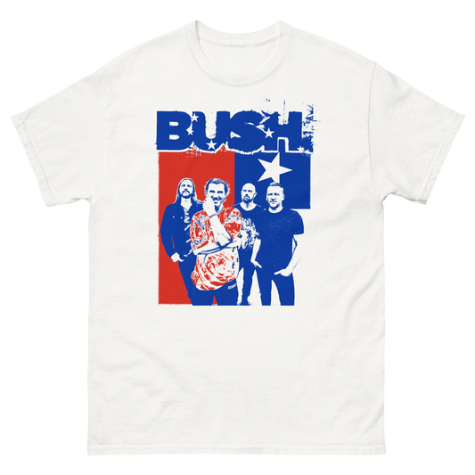 The Chile White Photo Tee features the band Bush on a relaxed white cotton short sleeve tee.
