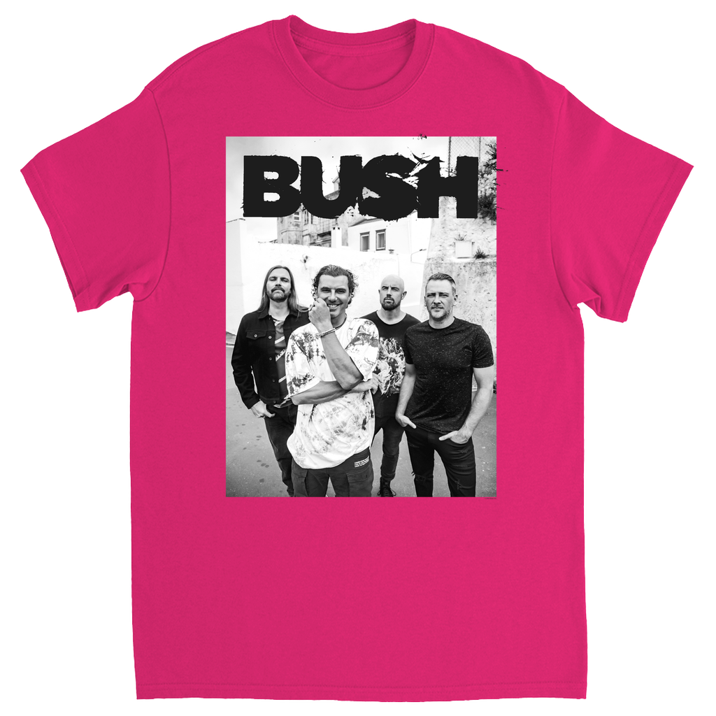 A pink cotton tee shirt with a black and white photo of the band on the front, from Bush.