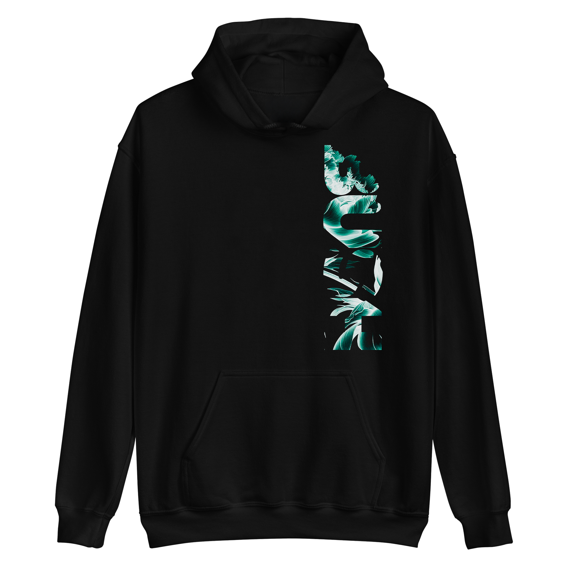 Black hoodie with teal floral Bush Logo on the front