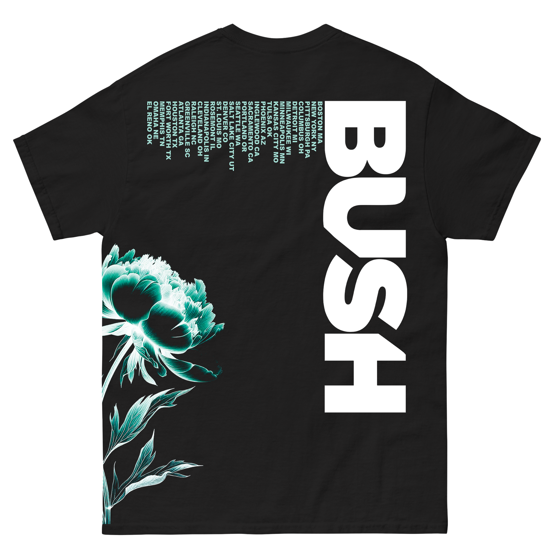 A black t-shirt featuring Bush's I Beat Loneliness album artwork wrapping from front to back, with Bush’s bold vertical logo and 2025 U.S. tour dates printed on the back.