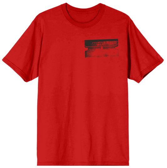 Red t-shirt with a black graphic on a white background