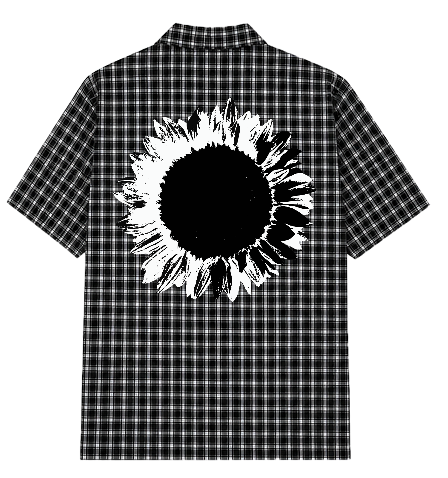 Black and white plaid shirt with a sunflower graphic on a white background