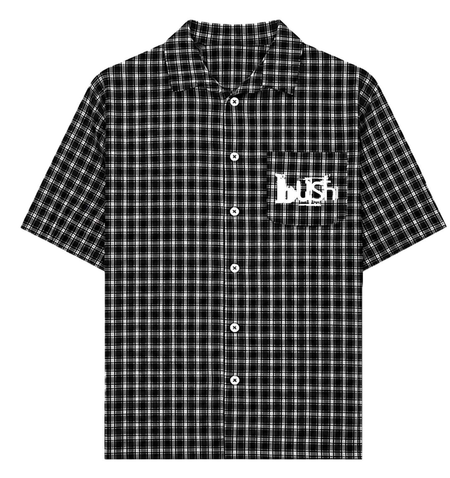 Black and white checkered shirt with a logo on a white background
