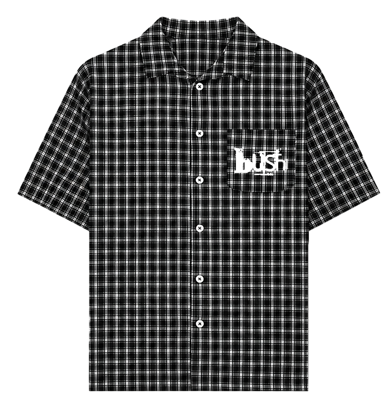 Black and white checkered shirt with a logo on a white background