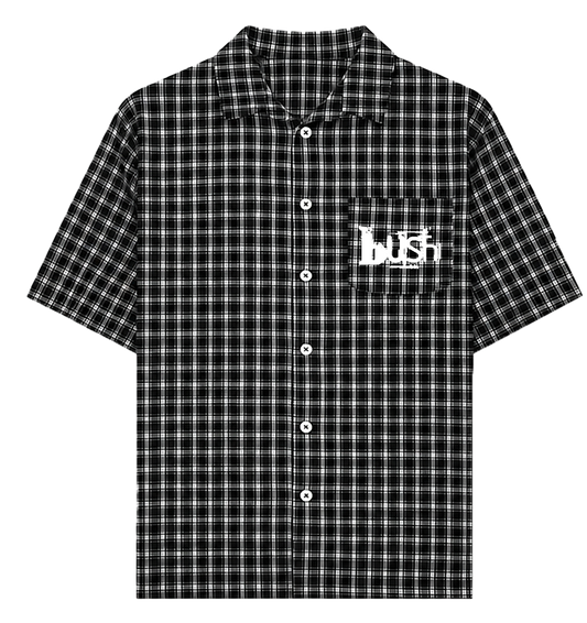 Black and white checkered shirt with a logo on a white background