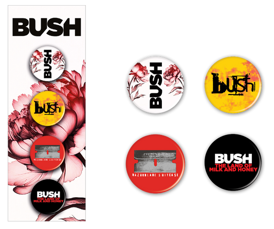 Collection of Bush buttons with floral designs on a white background