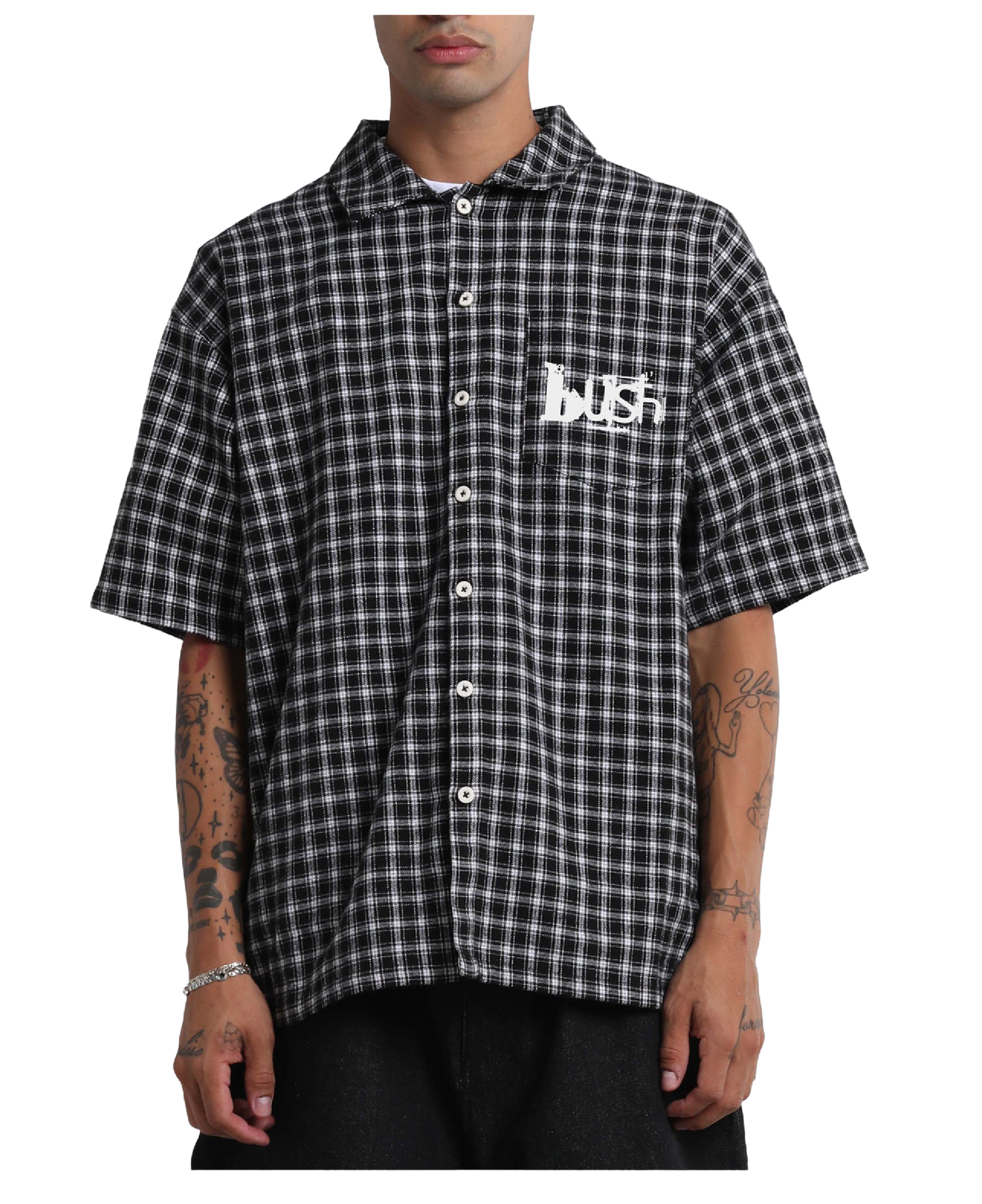 Person wearing a black and white checkered shirt with a logo on a white background