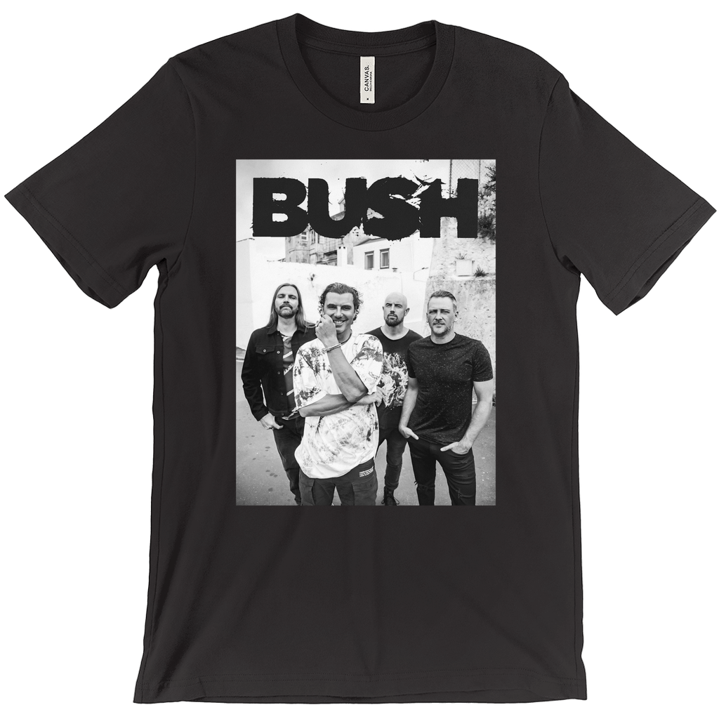 A black cotton tee shirt with a black and white photo of the band on the front, from Bush.