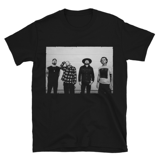 Black t-shirt with a graphic of BUSH band members 
on a white background