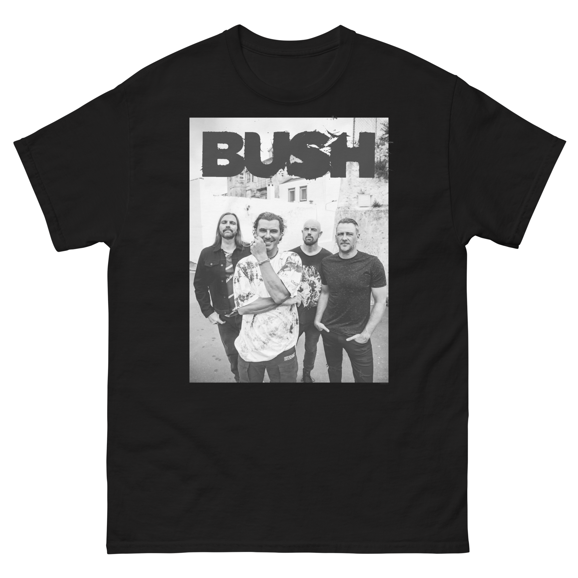 Black t-shirt with a graphic of a band and 'BUSH' text on a white background