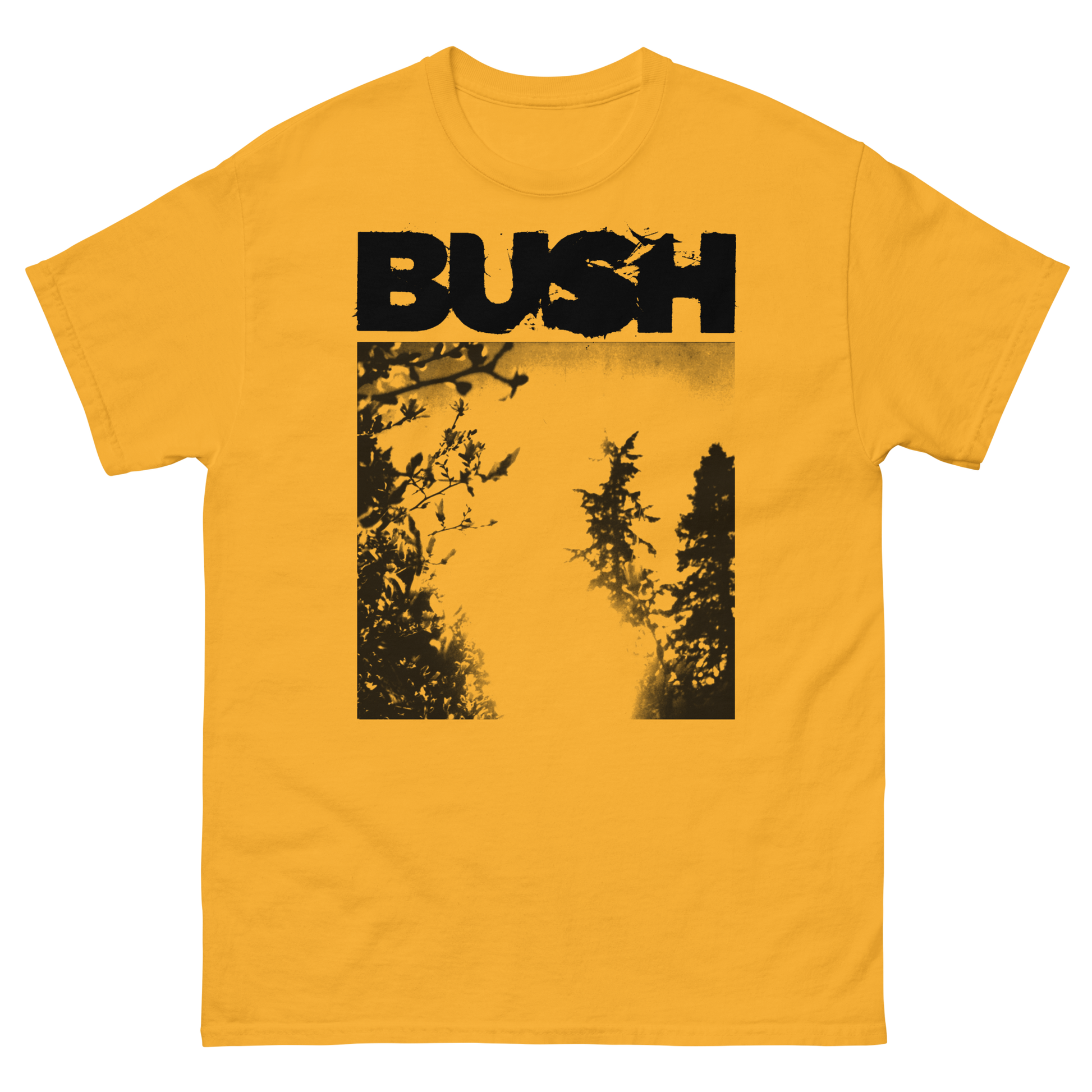 Yellow t-shirt with 'BUSH' logo and black forest graphic on a white background