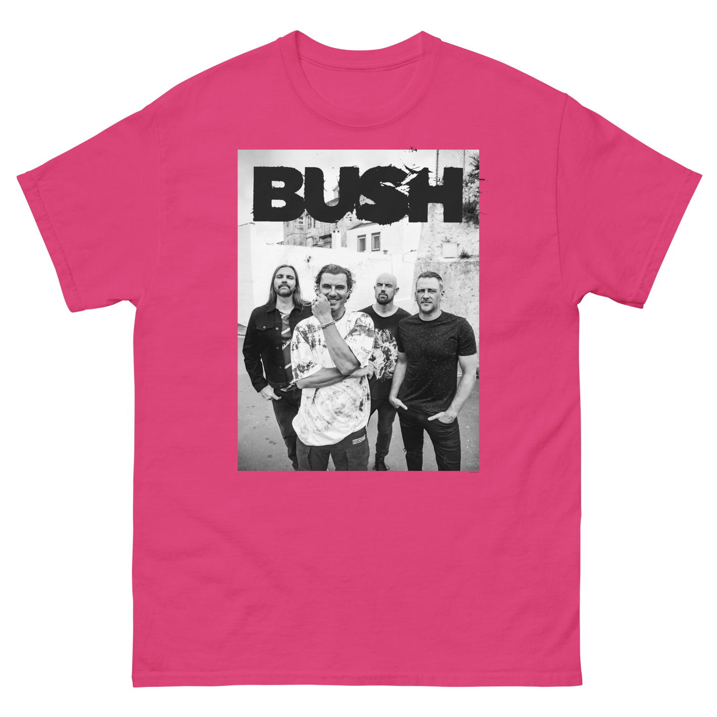 Pink t-shirt with a graphic of a band and 'BUSH' text on a white background