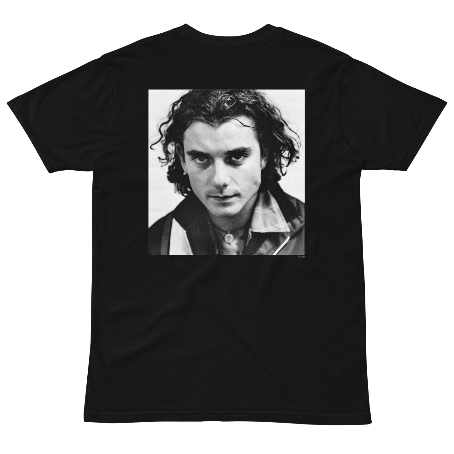 Black t-shirt with a graphic of a Gavin Rossdales face on a white background
