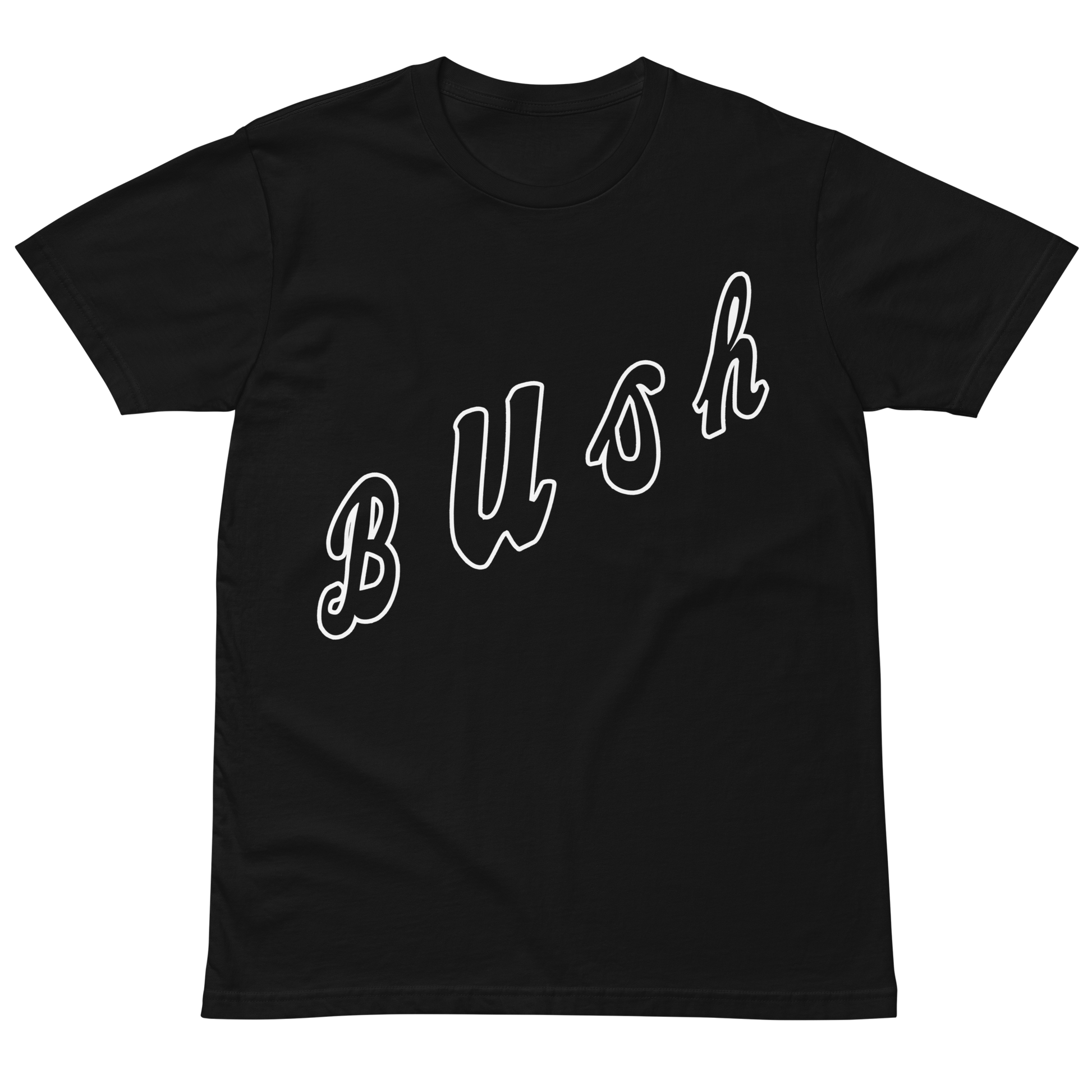 Black t-shirt with 'BUSH' printed in white on a white background