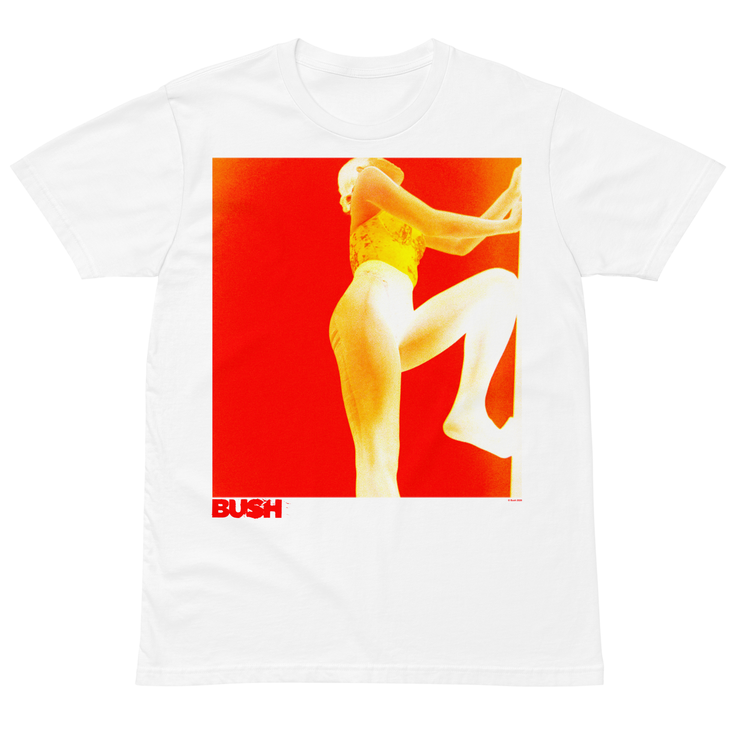 White t-shirt with a graphic design of a person in a yellow outfit on a red background, featuring the word 'BUSH'.
