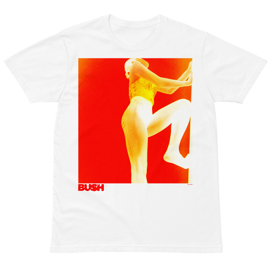 White t-shirt with a graphic design of a person in a yellow outfit on a red background, featuring the word 'BUSH'.