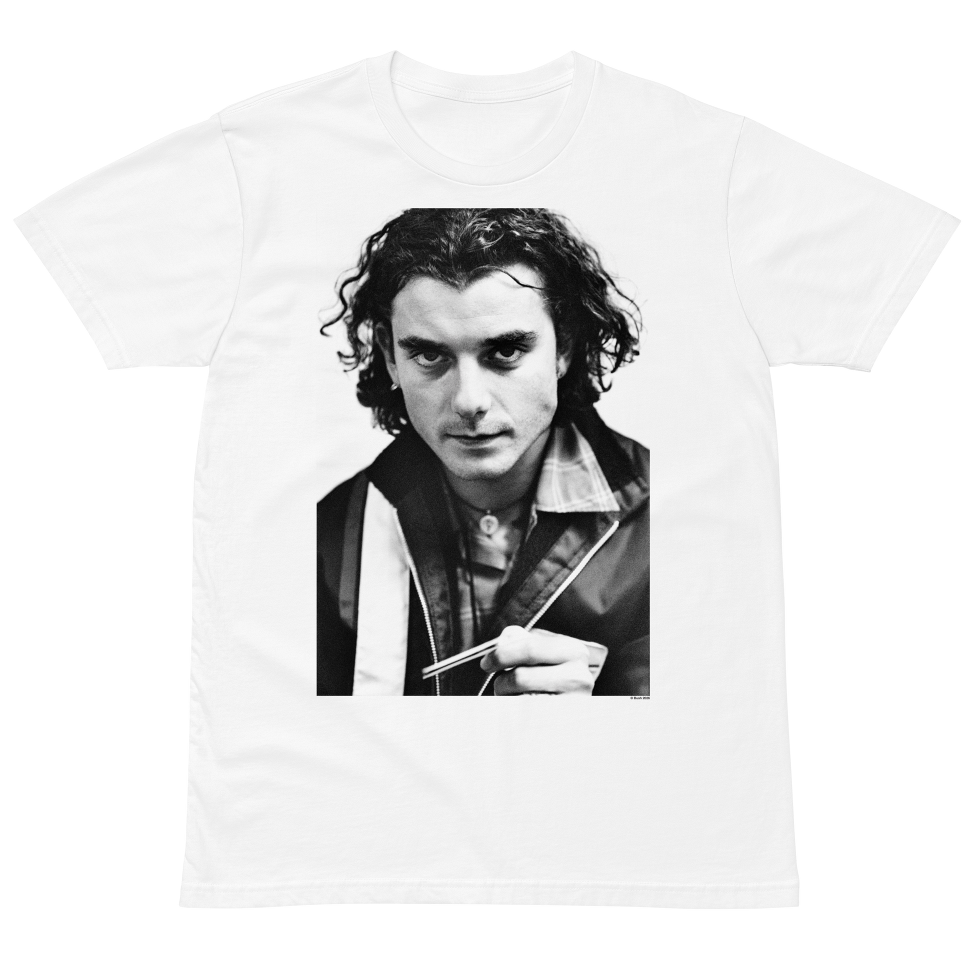 White t-shirt with a black and white photo of a person holding drumsticks on a white background