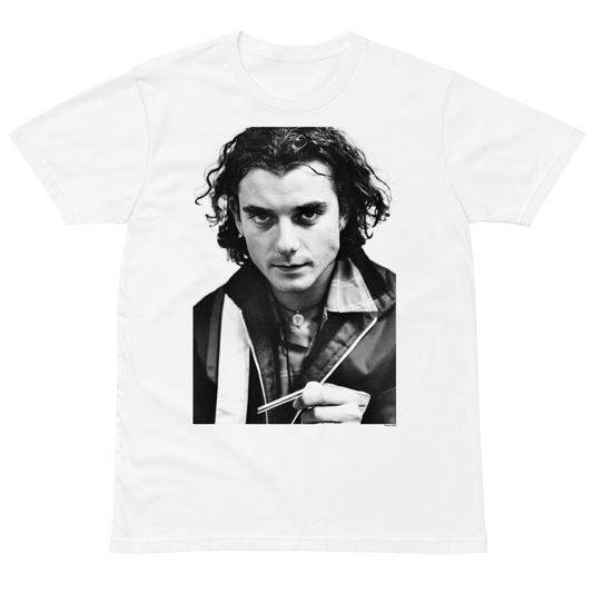 White t-shirt with a black and white photo of a person holding drumsticks on a white background